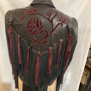 Vtg DALLAS LEATHER USA western cowboy fringed red/black womens jacket sz 14